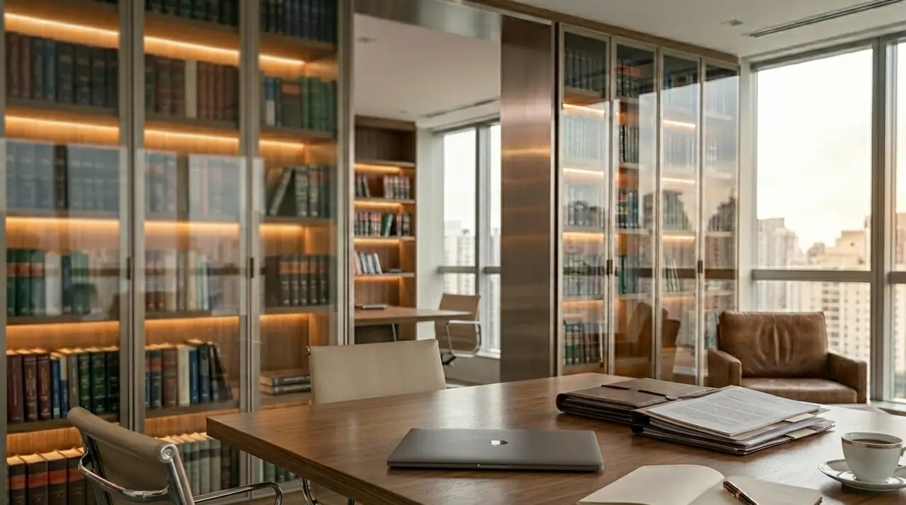 Ambiente institucional com mesa e biblioteca jurídica
